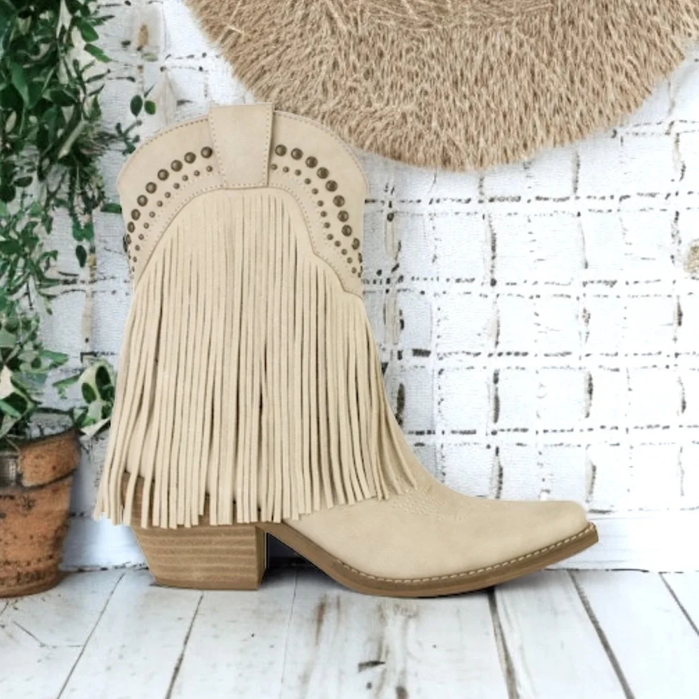 8.5 Beast Adela-16 Stone Fringe Stud Embellishment Short Western Cowboy Boot - Picture 1 of 4